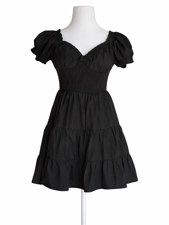 Princess Polly Dresses & Skirts - Princess Polly Black Mini Dress Size 10 Milkmaid Smocked Puff Sleeve Tiered